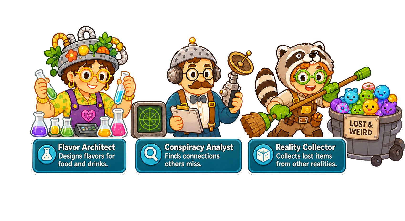 Three example weird jobs: Flavor Architect, Conspiracy Analyst, and Reality Collector